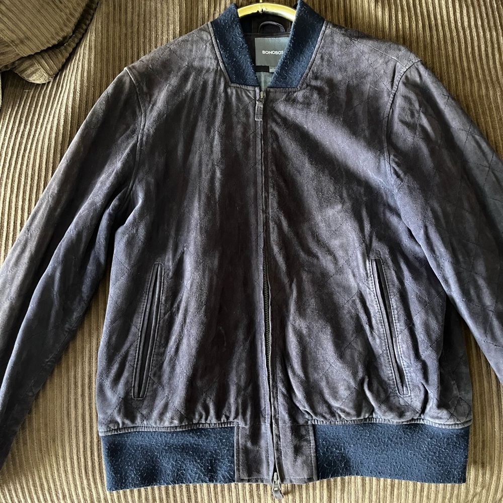 Bonobos Blue Suede Diamond Quilted Bomber Jacket